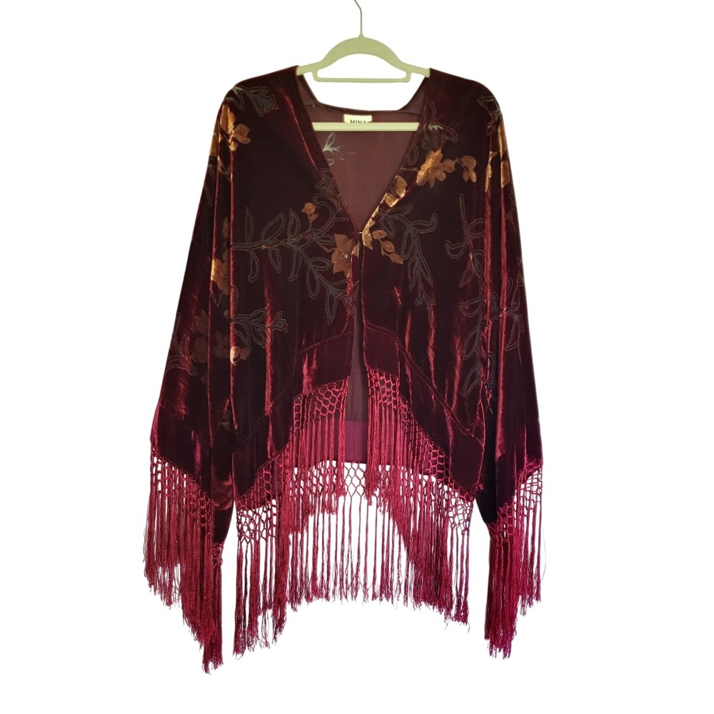 Mina Collection Velvet Burnout Kimono Wrap Floral Burgundy Fringe Pointelle OS